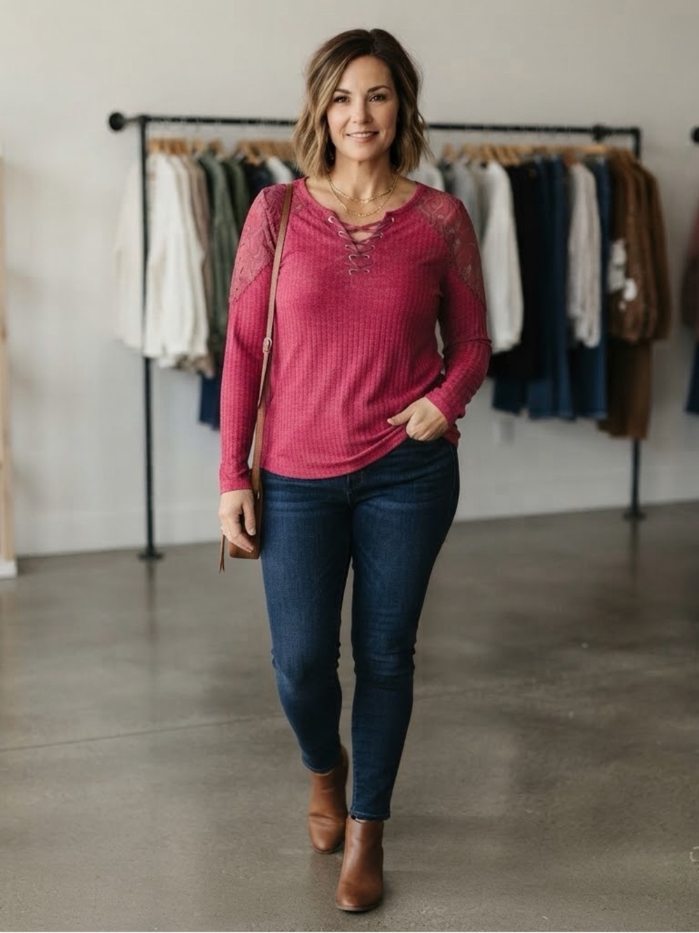 Democracy Lace-Up Long Sleeve Top in Berry Size 2X
